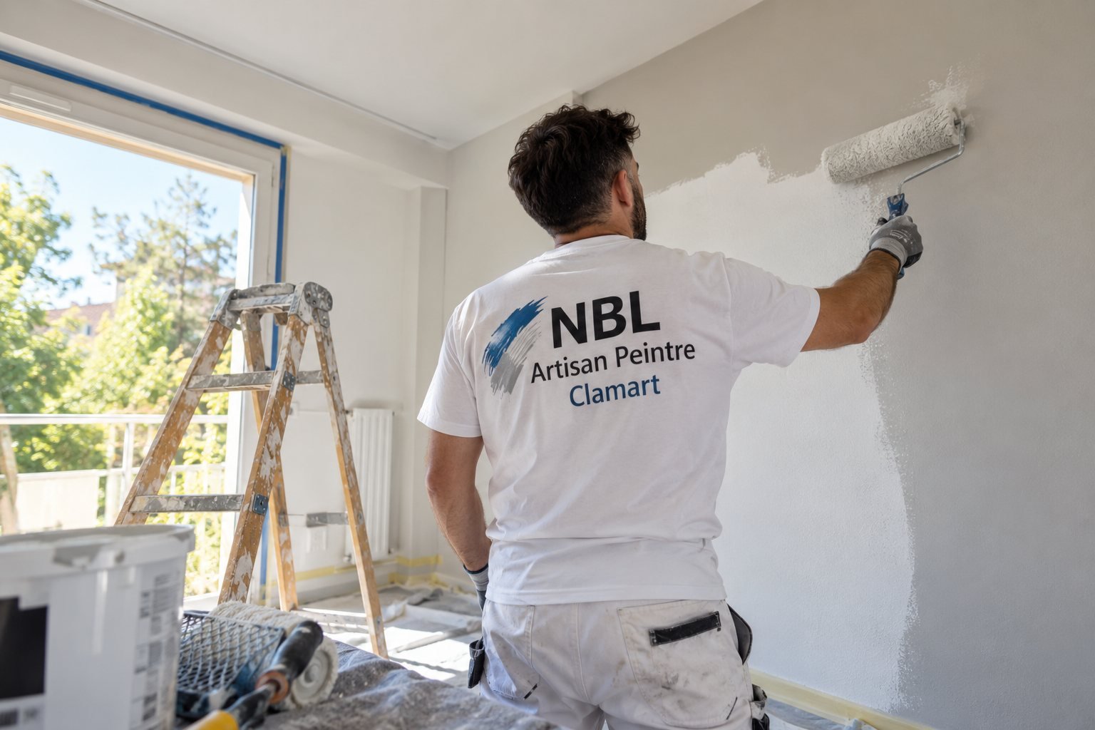 Artisan peintre de NBL Artisan Peintre Clamart peignant un mur en blanc au rouleau dans un appartement, fenêtre protégée par du ruban de masquage